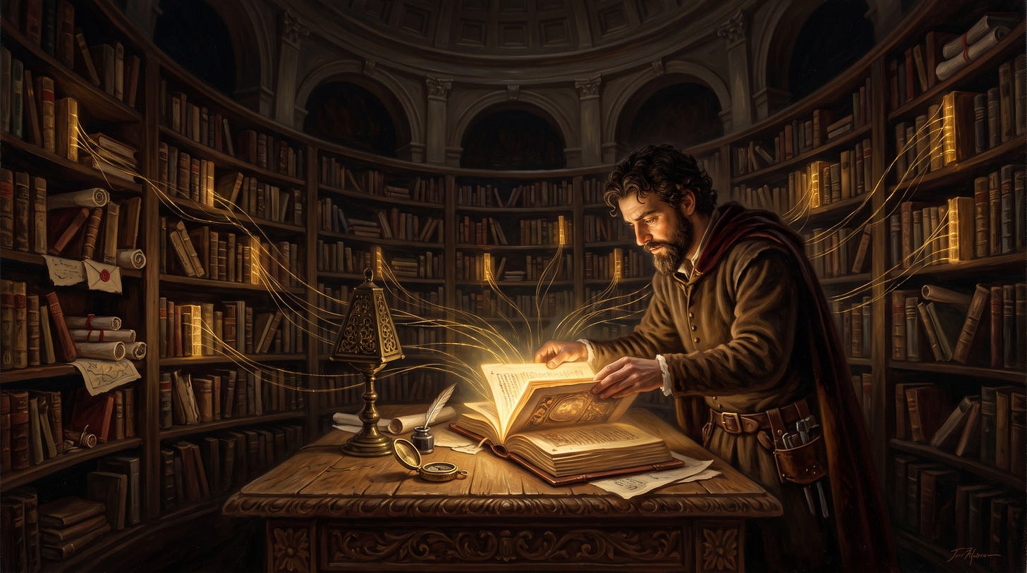 Baroque library with a researcher following glowing threads through books, illustrating an AI second brain workflow