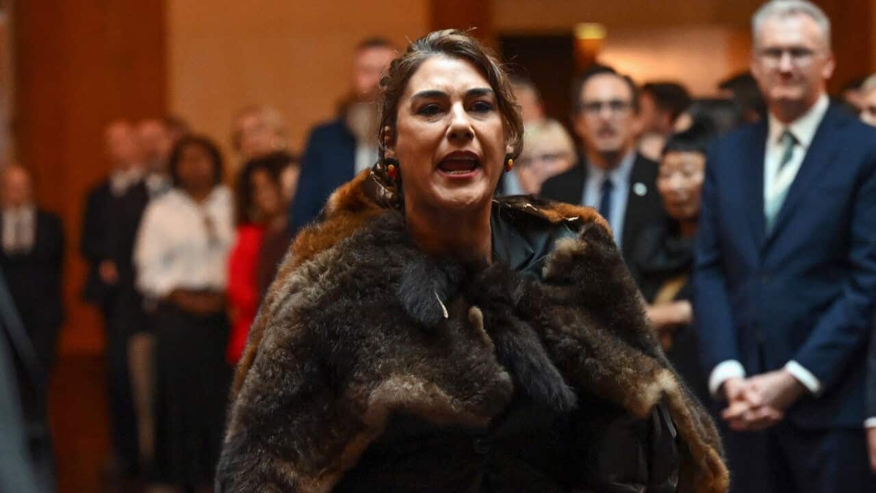 A woman draped in fur, yelling, with people around her.