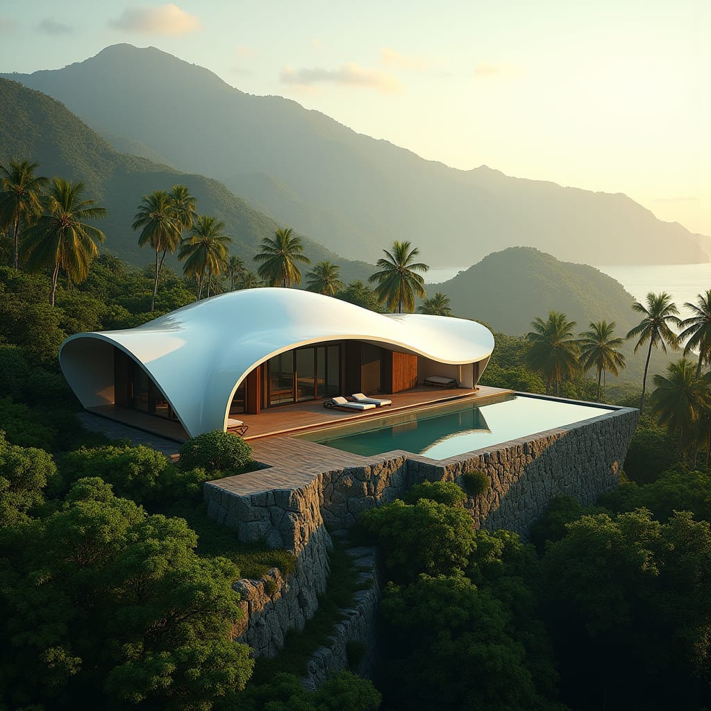 A modern Jamaican property with a sleek, curved dome roof, set against a lush tropical backdrop, misty mountains rising in the distance. The building's clean lines and minimalist architecture blend seamlessly into the surroundings, as if grown from the land itself. Warm, golden light spills across the scene, casting long shadows and accentuating the structure's curves.