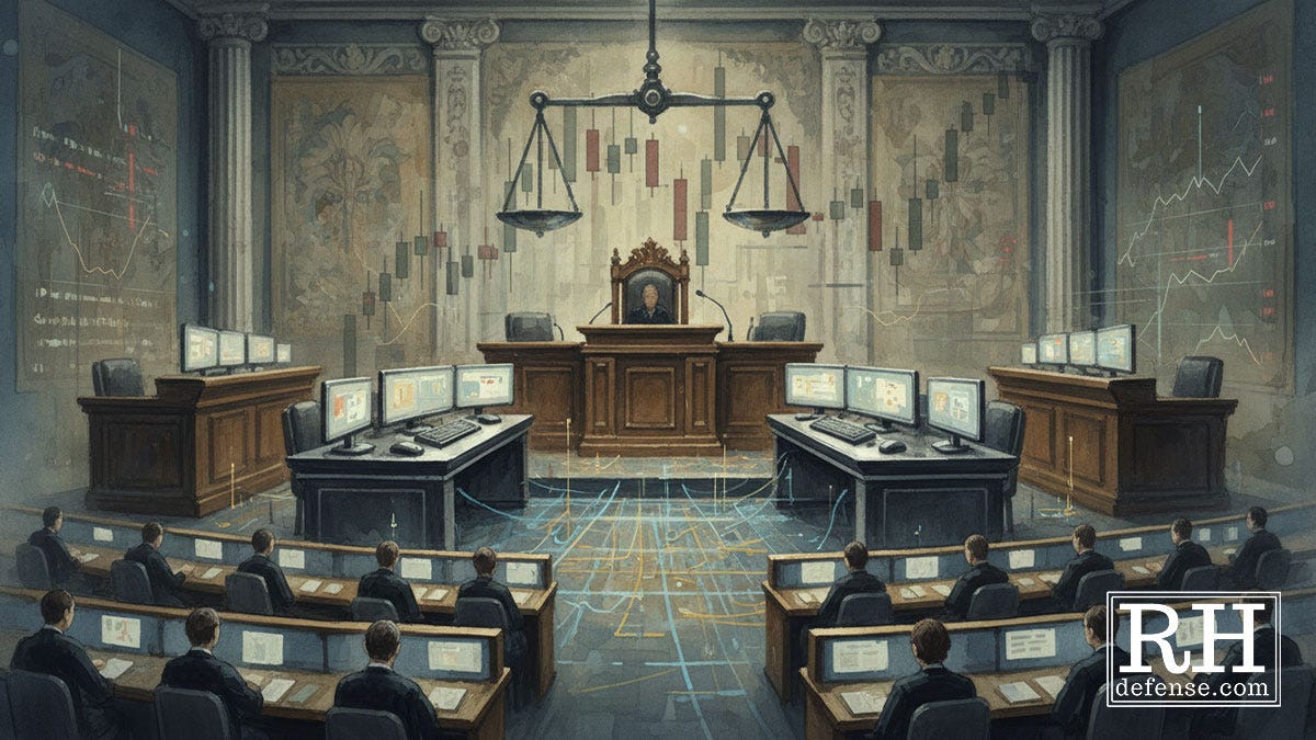 Courtroom depicted as a market floor, with a judge on the bench, rows of seated figures, digital trading screens, and candlestick charts projected across the walls and floor. Courtroom depicted as a market floor, with a judge on the bench, rows of seated figures, digital trading screens, and candlestick charts projected across the walls and floor.