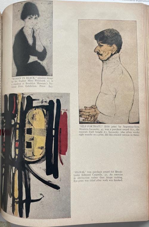 A magazine flipped open to a page with three images. Top left is Woman in Black, then clockwise is a portrait of man, and then bottom left is an abstract. A magazine flipped open to a page with three images. Top left is Woman in Black, then clockwise is a portrait of man, and then bottom left is an abstract.