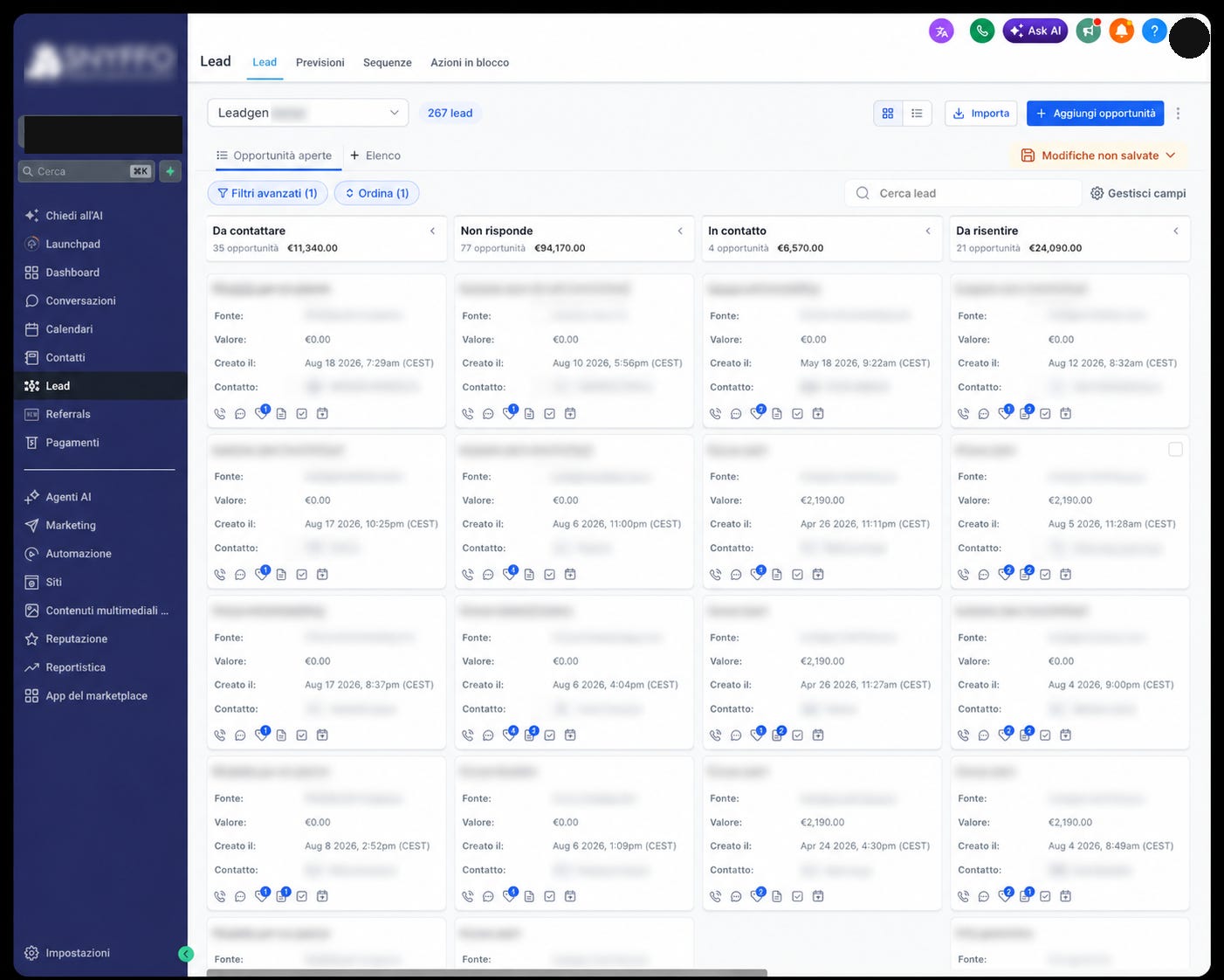 Pipeline CRM a quattro colonne coi totali delle trattative e i dati del cliente coperti da barre nere