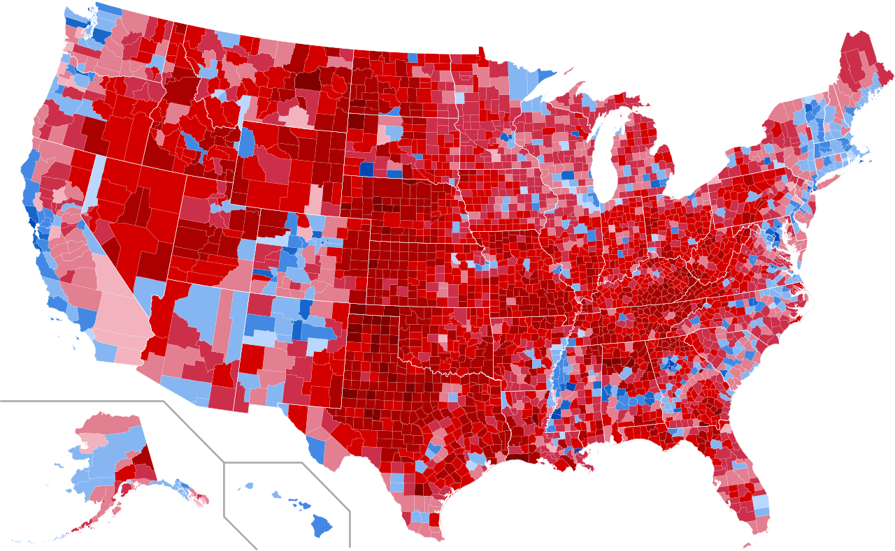 Results by county, shaded by winner's vote share.[s]