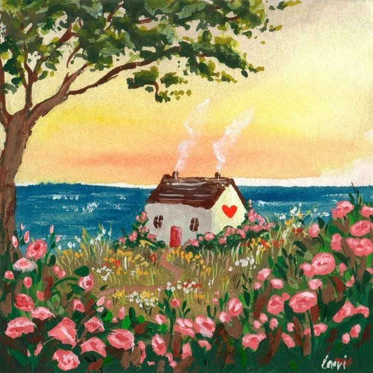This may contain: a painting of a house by the ocean with pink flowers and trees in front of it