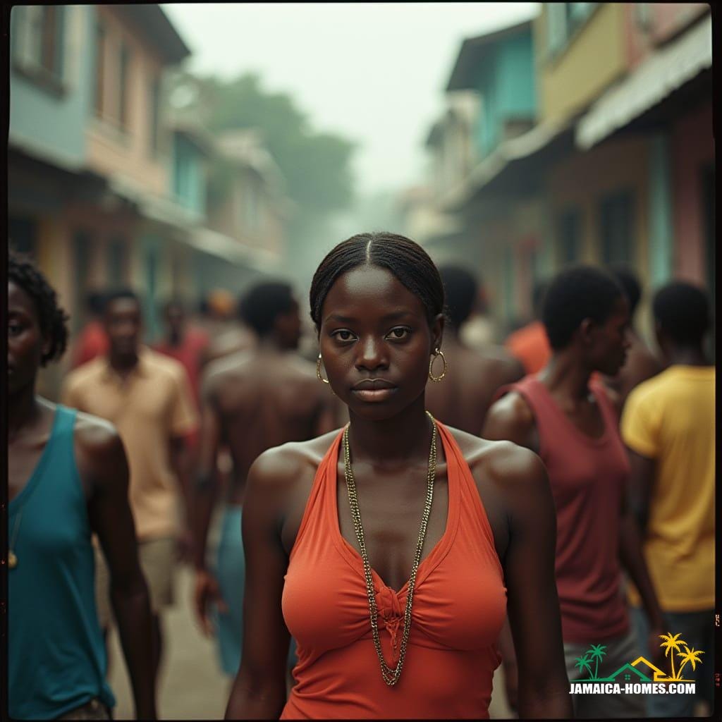  Cinematic film still of vibrant Jamaican people in a bustling street in Jamaica, shot on V-Raptor XL with characteristic film grain and a subtle vignette. The image emanates atmospheric, post-processed color grading and dramatic cinematic lighting, captured on 35mm film to achieve a stunning live-action, masterpiece quality.