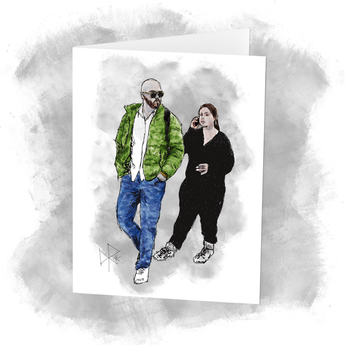 A bald and bearded man wearing sunglasses walks with his hands in his pockets and his parka unzipped, while a woman wearing black pants and top walks behind him and talks on her phone. Sketch art by Don Rice.