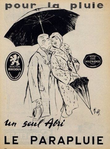 This may contain: an old french advertisement for umbrellas with two people hugging under the same black umbrella