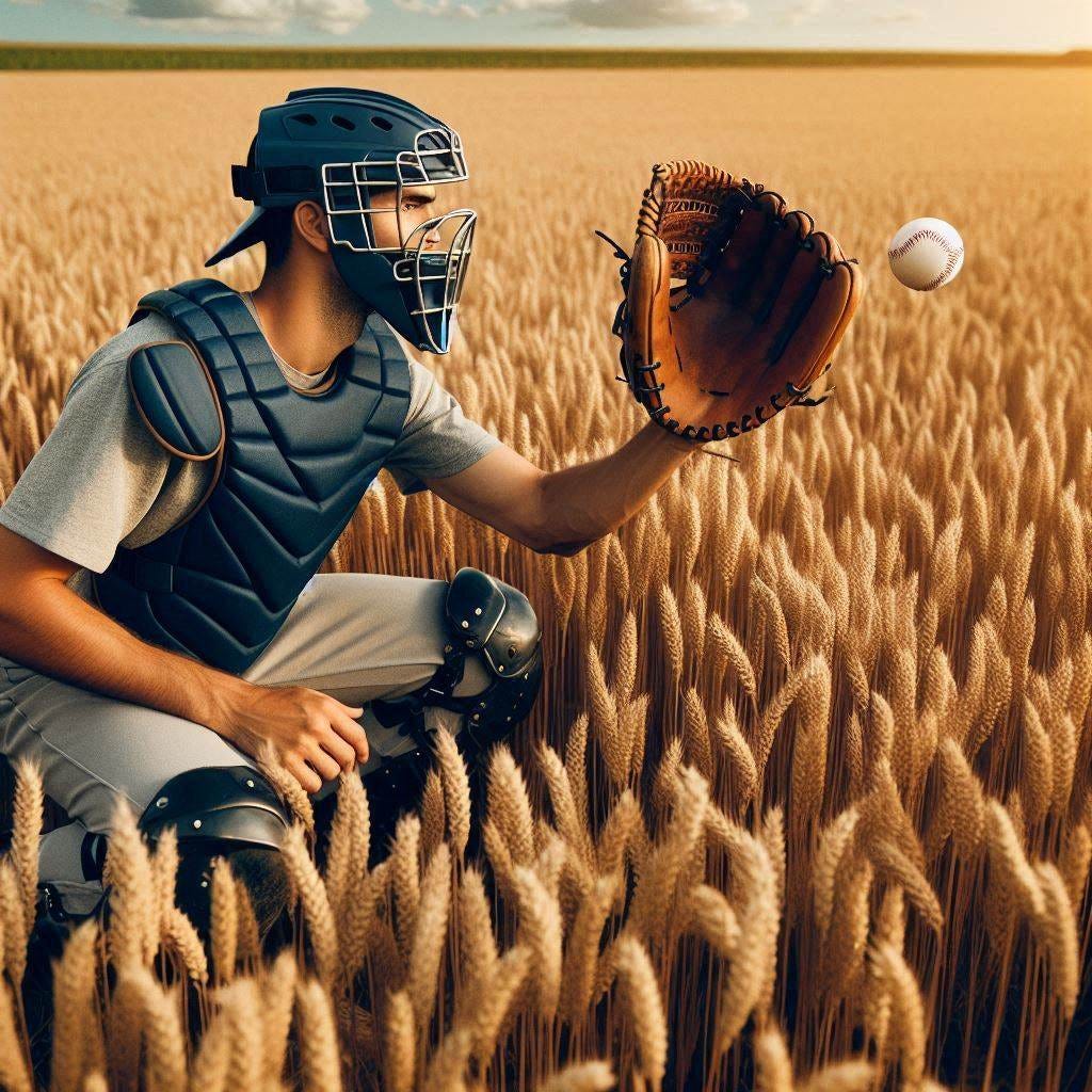 a baseball catcher in a field of rye