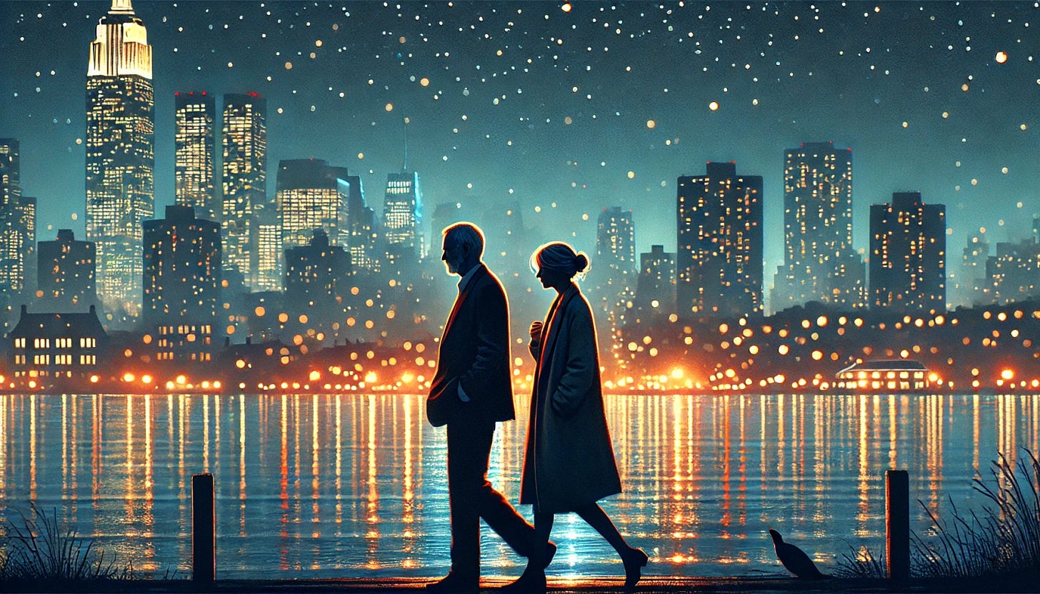 A serene evening scene along the Hudson River, where a middle-aged couple, Les and Janice, both in their early 50s, stroll together along the waterfront. Their faces are not clearly visible, adding a sense of mystery and intimacy. The city lights reflect on the water like scattered jewels, creating a mesmerizing glow. The atmosphere is romantic, with a gentle breeze and a starry sky above. The scene captures the magic of the moment, with warm city lights contrasting against the deep blue night.