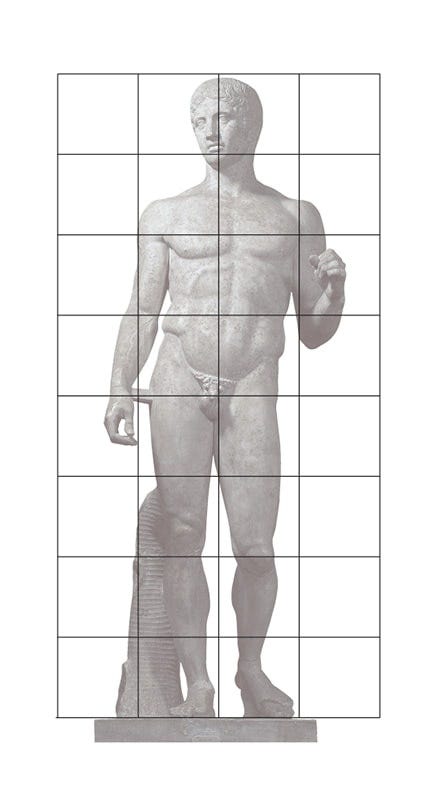 Doriforo di Policleto racchiuso in una griglia che evidenzia le proporzioni Doriforo di Policleto racchiuso in una griglia che evidenzia le proporzioni