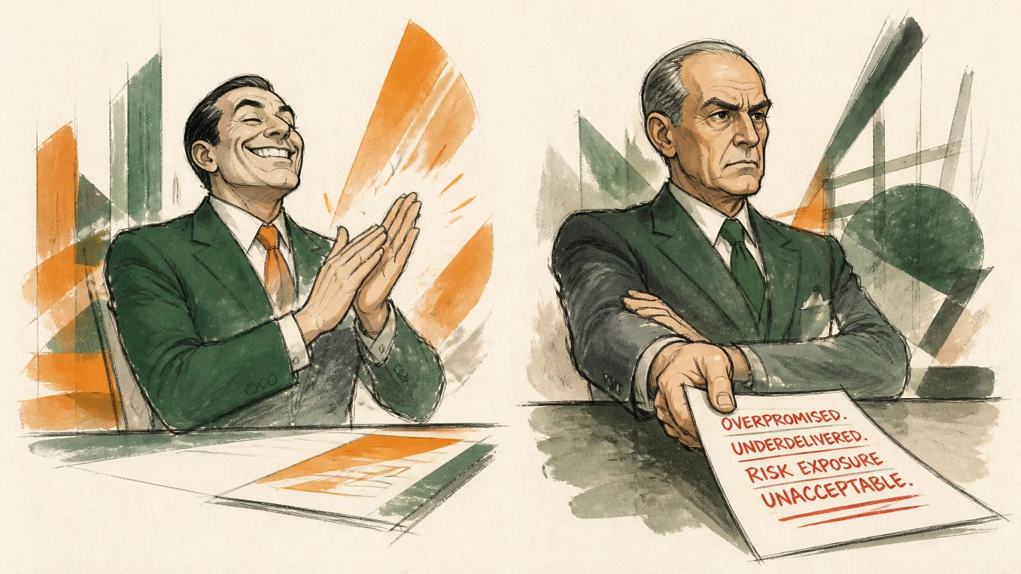 The same AI shown twice: a grinning sycophant clapping on the left, a stern board member sliding over a blunt red-inked report on the right.