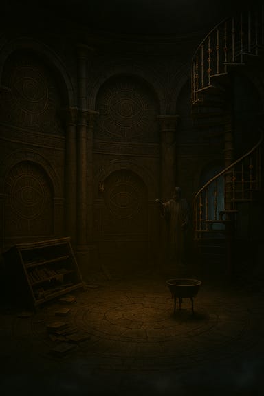 Interior of the first floor of Khazan's tower. The room is round and two stories tall, with walls carved in scrollwork patterns of sunbursts and interlocking eyes. Stone arches rib the ceiling like the bones of a colossal sea creature. To the left, a collapsed bookshelf spills half-rotted tomes across the floor. To the right, an iron statue of a robed figure leans against the wall, one hand raised in silent benediction. A spiral staircase of blackened iron with amber inlays climbs near the far wall. The atmosphere is quiet, eerie, and filled with ancient magic. Interior of the first floor of Khazan's tower. The room is round and two stories tall, with walls carved in scrollwork patterns of sunbursts and interlocking eyes. Stone arches rib the ceiling like the bones of a colossal sea creature. To the left, a collapsed bookshelf spills half-rotted tomes across the floor. To the right, an iron statue of a robed figure leans against the wall, one hand raised in silent benediction. A spiral staircase of blackened iron with amber inlays climbs near the far wall. The atmosphere is quiet, eerie, and filled with ancient magic.