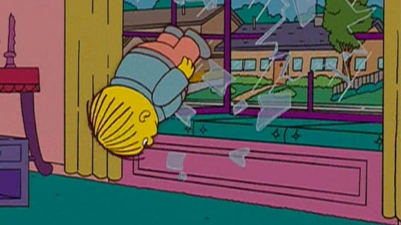Meme of Ralph from the Simpsons getting thrown through a window into a living room.