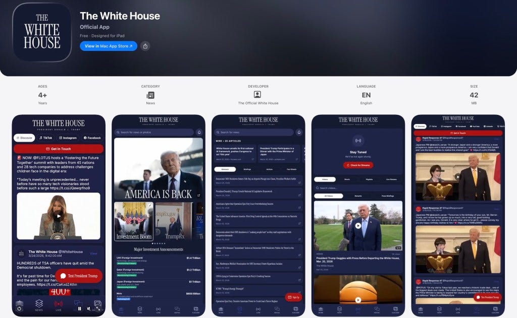 Collage of screenshots from the "The White House" app showing different sections and features, including news, articles, videos, and social media posts, all related to President Donald J. Trump. Collage of screenshots from the "The White House" app showing different sections and features, including news, articles, videos, and social media posts, all related to President Donald J. Trump.