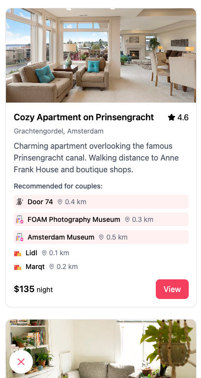 different screenshots of POI's showed in various ways to end users on airbnb
