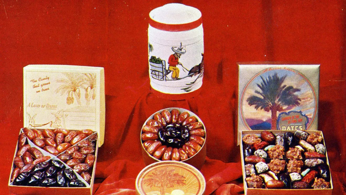 A display of dates on a red fabric background.