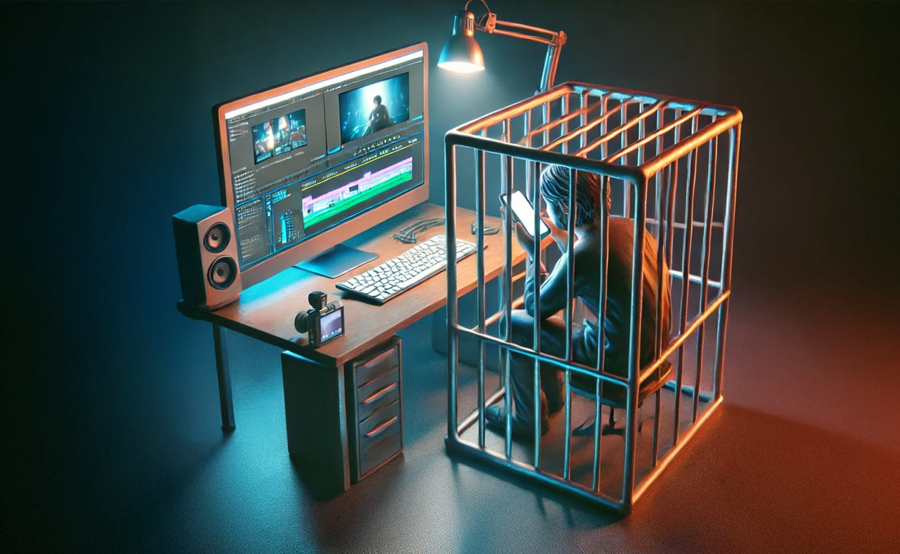 A video editor in a cage on phone