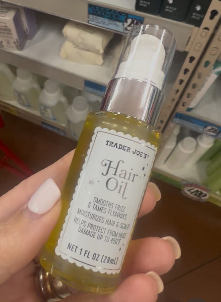 A side by side gallery showing Trader Joe's Hair Oil compared to Ouai Hair Oil 