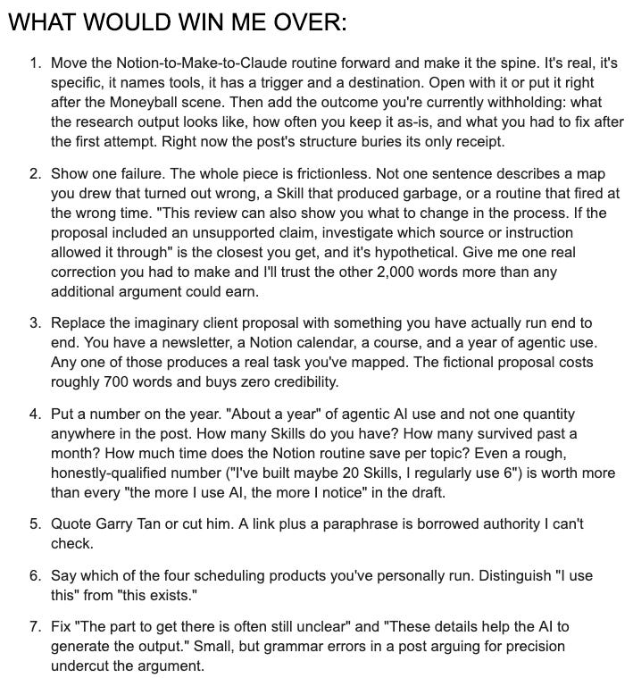 Skeptical Reader subagent feedback requesting real workflow examples, a documented failure, measurable results, and stronger evidence.