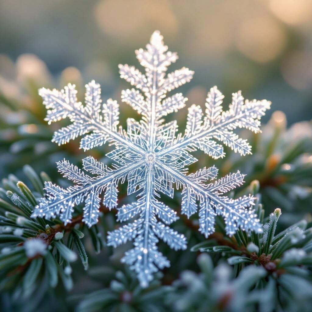A close-up, macro shot of a pristine, intricate snowflake resting on a pine needle. The internal structure is perfectly … A close-up, macro shot of a pristine, intricate snowflake resting on a pine needle. The internal structure is perfectly …