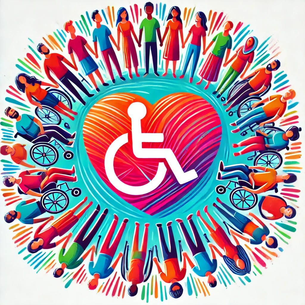 A vibrant illustration of a diverse group of people, including individuals with visible and invisible disabilities, standing together in a circle, symbolizing unity and acceptance, with a heart-shaped wheelchair emblem at the center.