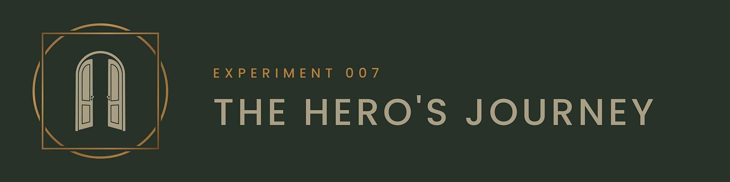 The Modern Alchemist Experiment 007 header band, The Hero's Journey, with a drawing of an arched double door standing open The Modern Alchemist Experiment 007 header band, The Hero's Journey, with a drawing of an arched double door standing open