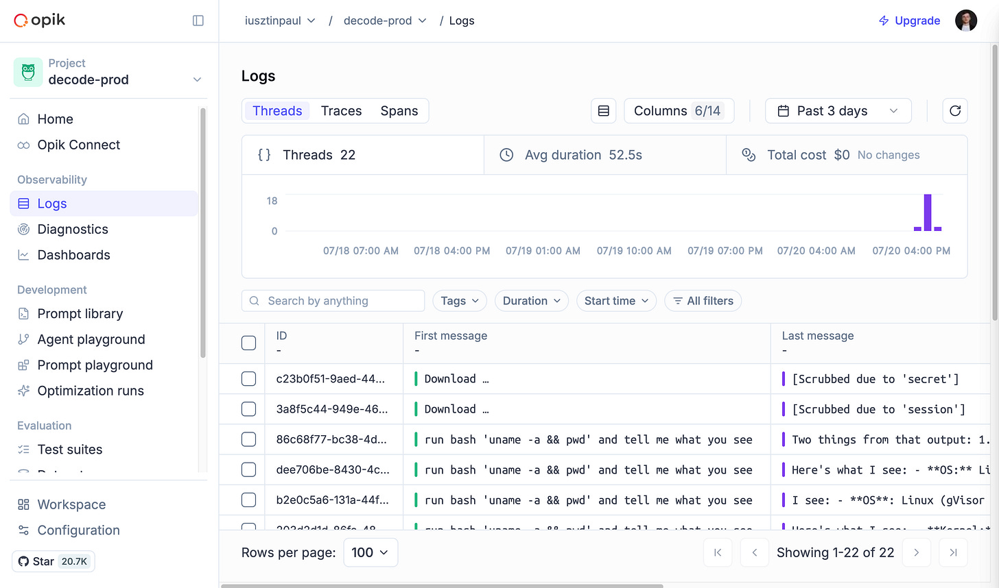 Opik threads — every session logged as a thread, every model and tool call as a trace. Opik threads — every session logged as a thread, every model and tool call as a trace.