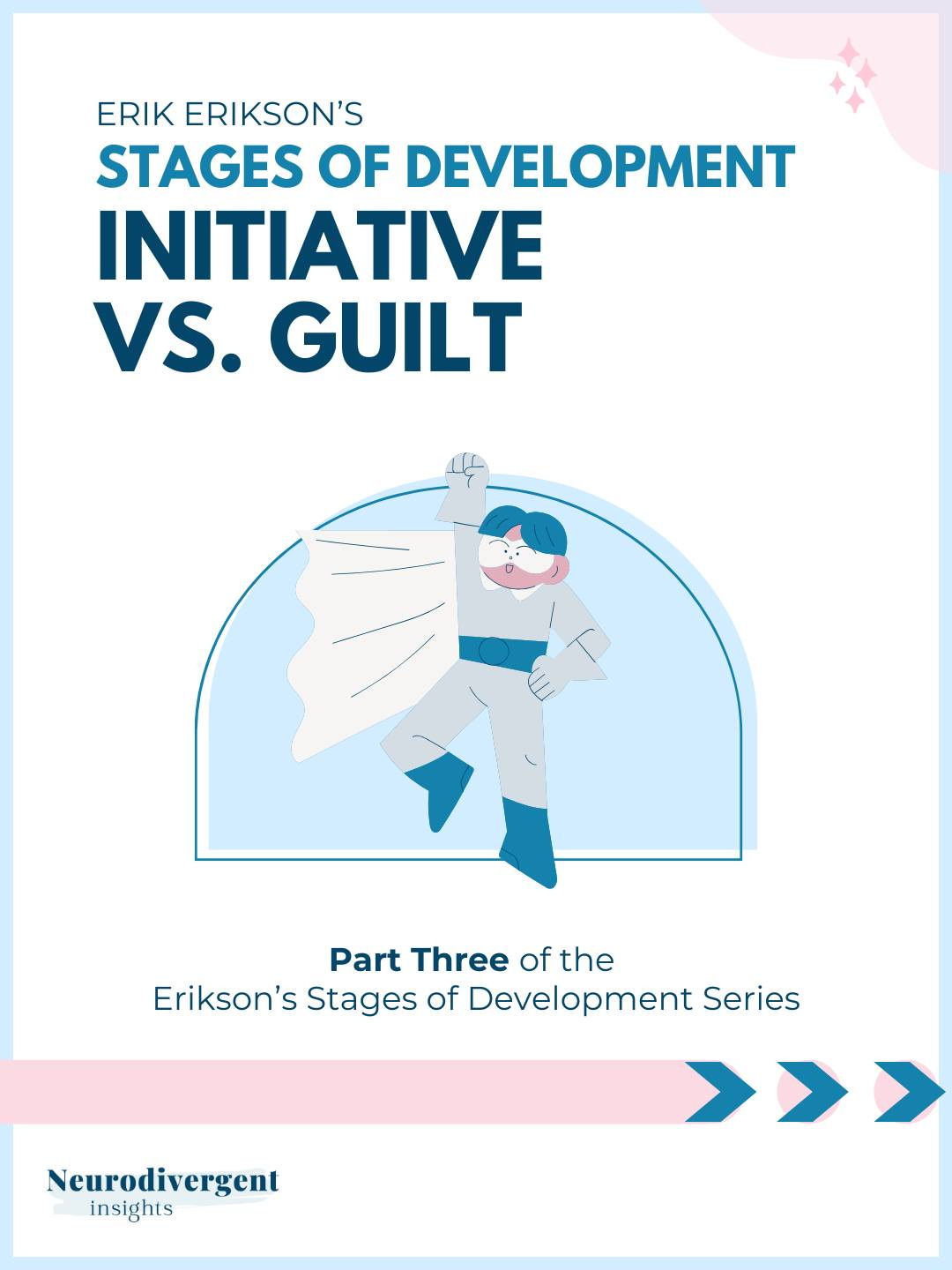 Cover of Erik Erikson’s Stages of Development: Initiative vs. Guilt by Neurodivergent Insights. The illustration shows a child dressed as a superhero, stepping forward confidently through an arched doorway with a cape flowing behind them. The design uses soft blue and pink tones, symbolizing creativity, courage, and emerging self-direction. Text at the bottom reads: “Part Three of the Erikson’s Stages of Development Series.”