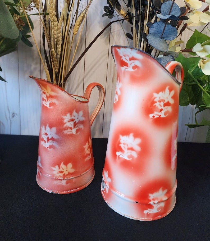 French graniteware, set of 2 Red fade off flowers water pitchers image 1