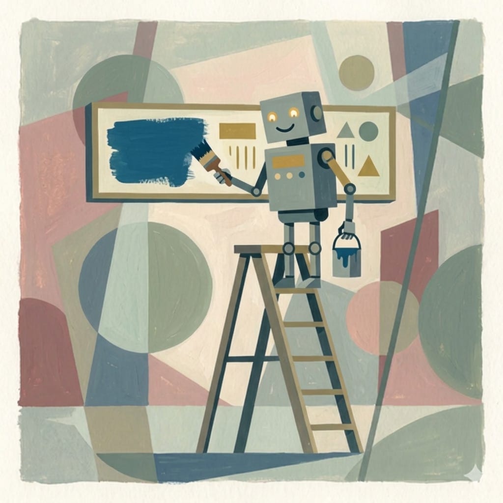 A robot on a ladder, cheerfully painting over an old name on a shopfront   sign, the new name only half visible.