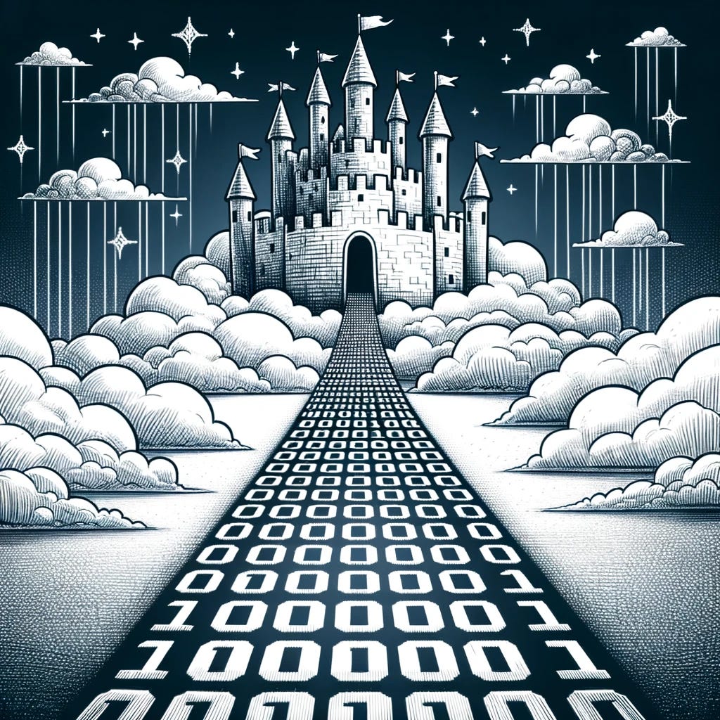 Drawing of a digital path made of binary codes leading to a pixelated castle in the clouds, symbolizing the journey of digital technology.