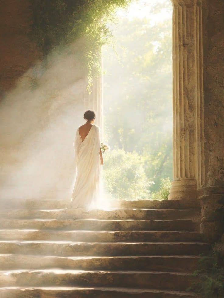 This may contain: a woman in a white dress standing on some steps with her back to the camera
