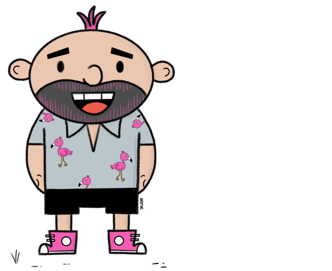 A cartoon illustration of a person wearing a flamingo print shirt, pink Converse high-tops, pink hair, and a pink beard.