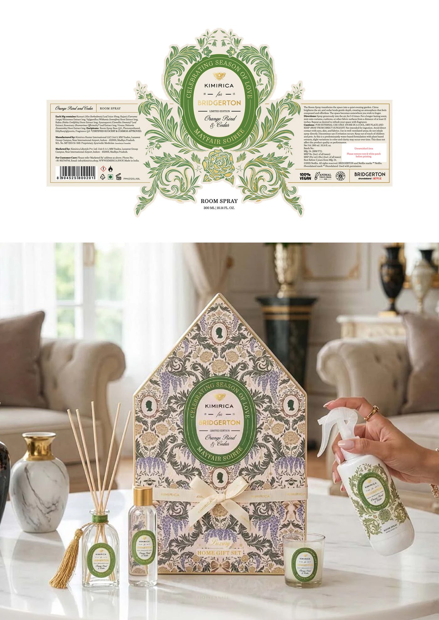 Bridgerton x Kimirica label artwork featuring illustrated damask pattern scrolling by artist Maggie Enterrios