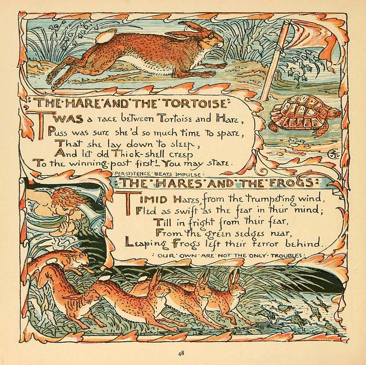 Two illustrations by Walter Crane - one of a boy feeding geese surrounded by a decorative border, and one of the tortoise and the hare.
