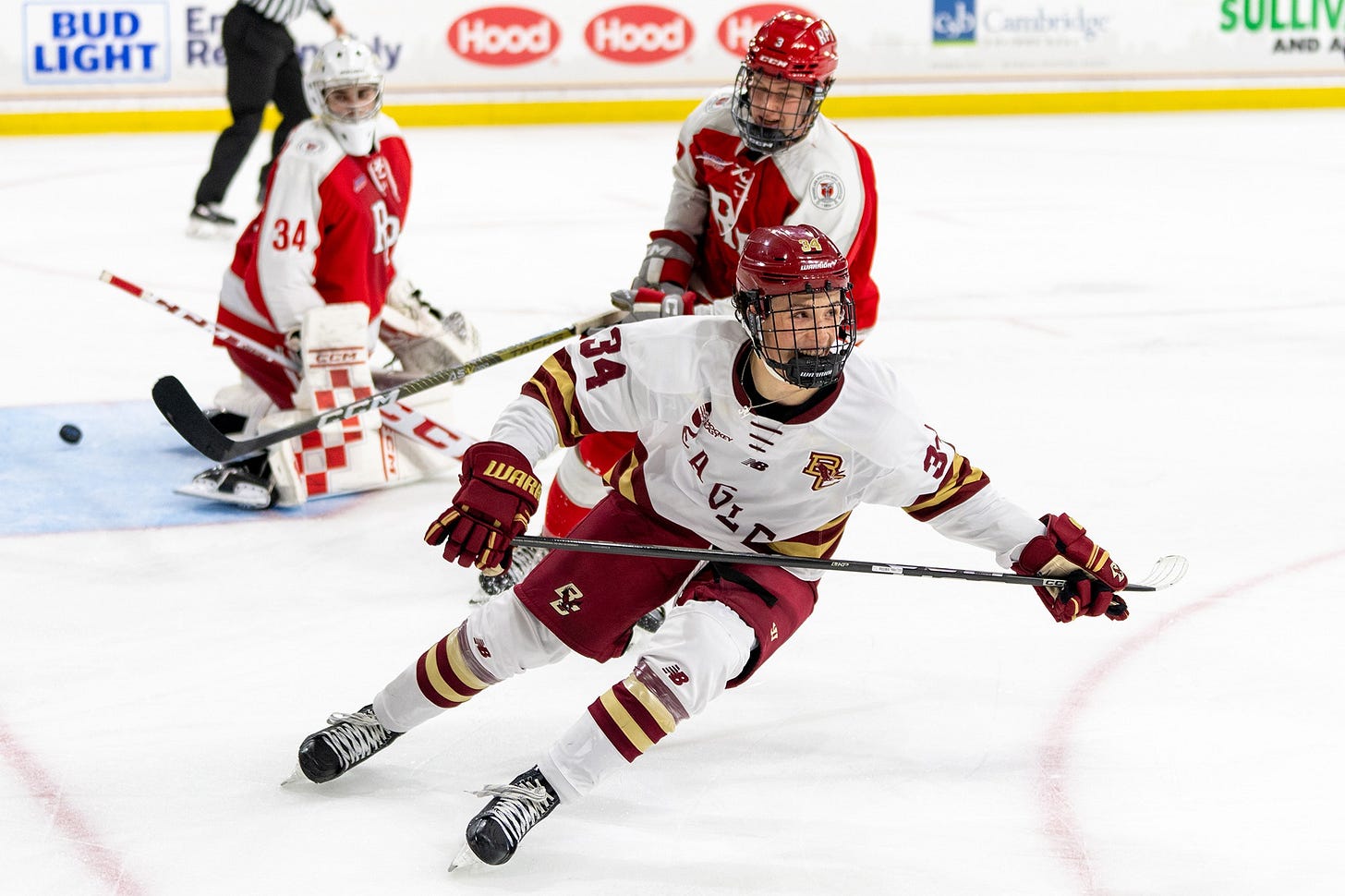 Gabe Perreault celebrates his first career goal