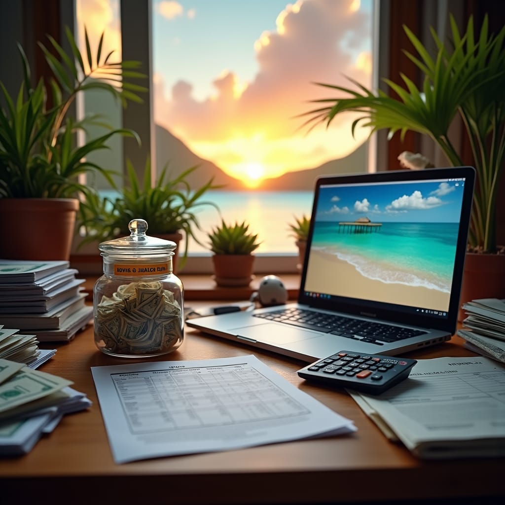 A cluttered, natural-wood desk, strewn with financial documents, holds a detailed budgeting sheet, surrounded by a sleek, modern calculator, stacks of crumpled cash, and a laptop displaying a vibrant, interactive financial planning tool on its glowing screen. Amidst the fiscal chaos, a small, ornate jar labeled 'Moving to Jamaica Fund' sits proudly, adorned with tropical plants and positioned in front of a breathtaking, sunset-kissed Jamaican beachscape, its turquoise waters and lush greenery seemingly within reach.