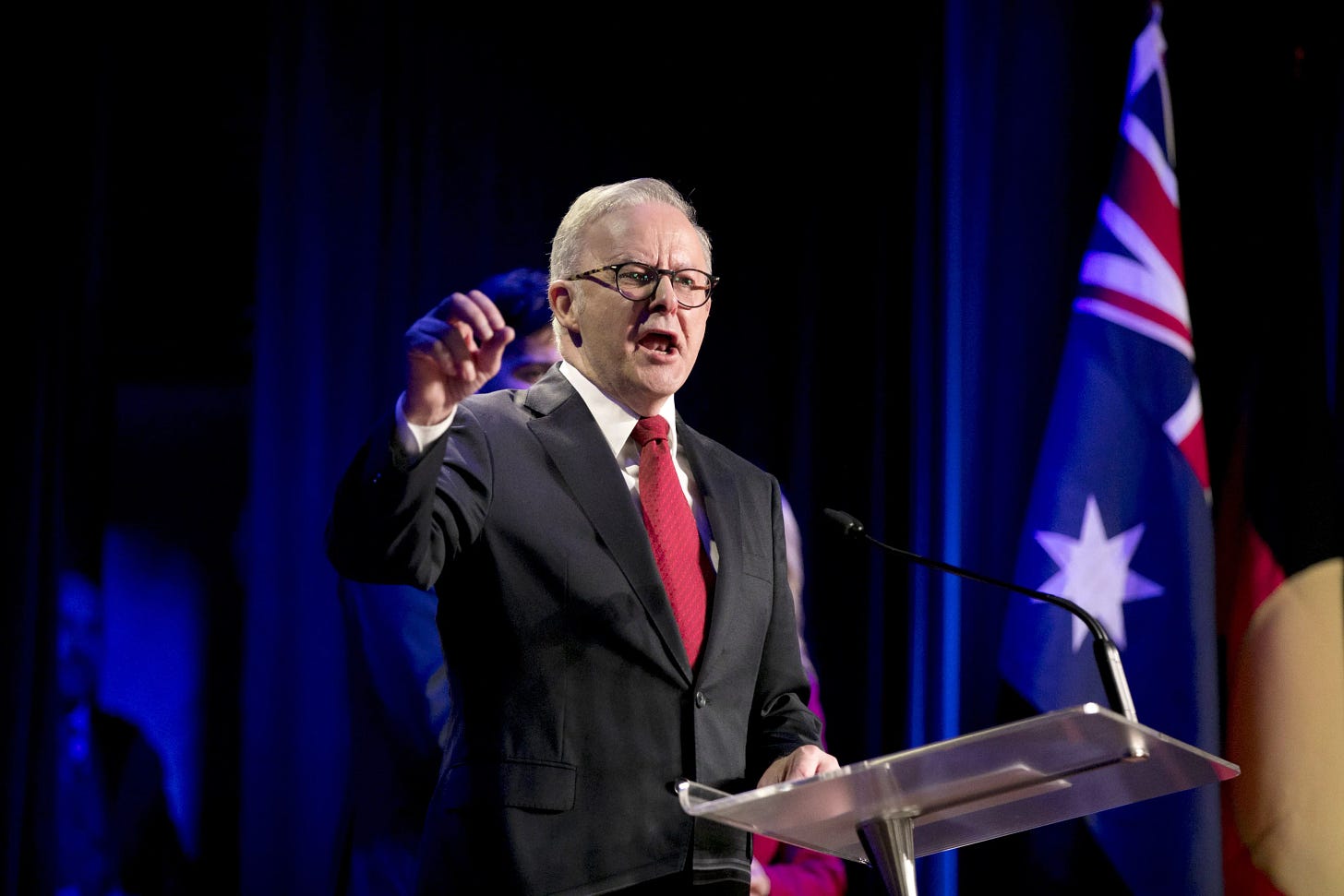 Anthony Albanese, Australia's prime minister, speaks at the Labor Party election night event in Sydney, Australia, on Saturday, May 3, 2025. Albanese was re-elected in Saturday's vote with an expanded majority, projections show, becoming the nation's first leader in 21 years to win back-to-back elections.