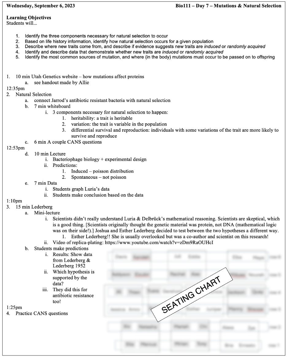 Screenshot of a 1-page lesson plan, including a list of learning objectives, seating chart (redacted) and minute-by-minute activities for the lecture period