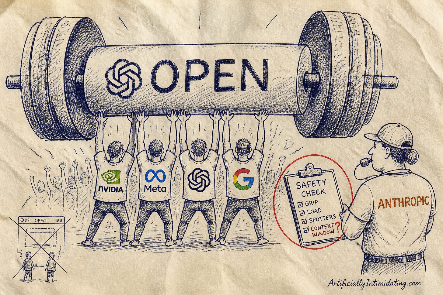 Editorial cartoon: figures in Nvidia, Meta, OpenAI and Google shirts hoist a barbell labeled OPEN while a whistle-wearing Anthropic safety inspector reviews a checklist