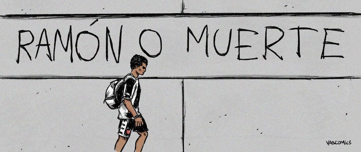 rapaz negro com roupa do vasco. lê-se atrás no muro a pichação "ramón o muerte"