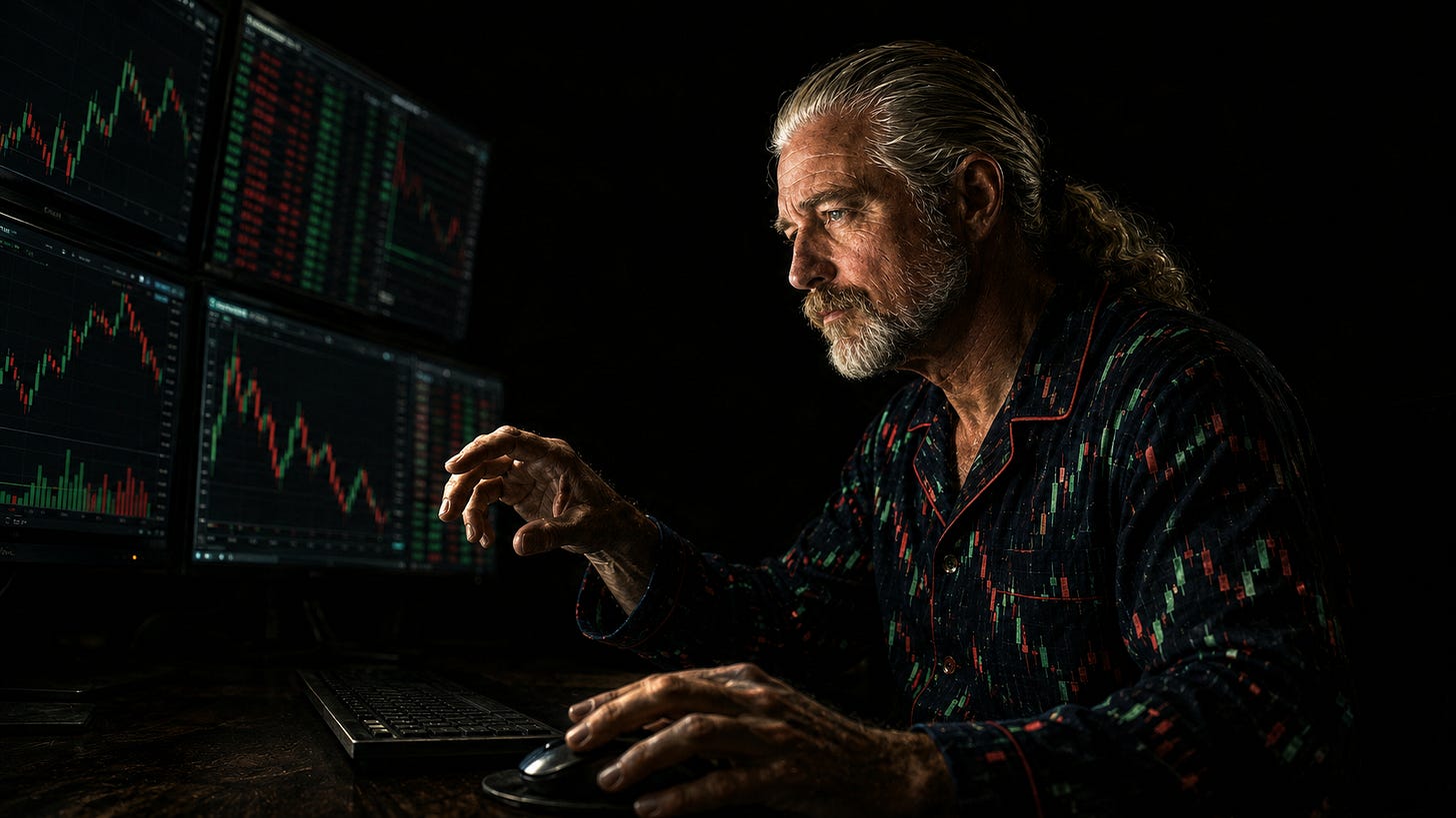 Silver-haired man, Rick Horowitz, in stock-market pajamas sits alone in a dark home office before dawn, lit only by trading monitors showing red and green candlestick charts, one hand on the mouse and the other hovering over the keyboard