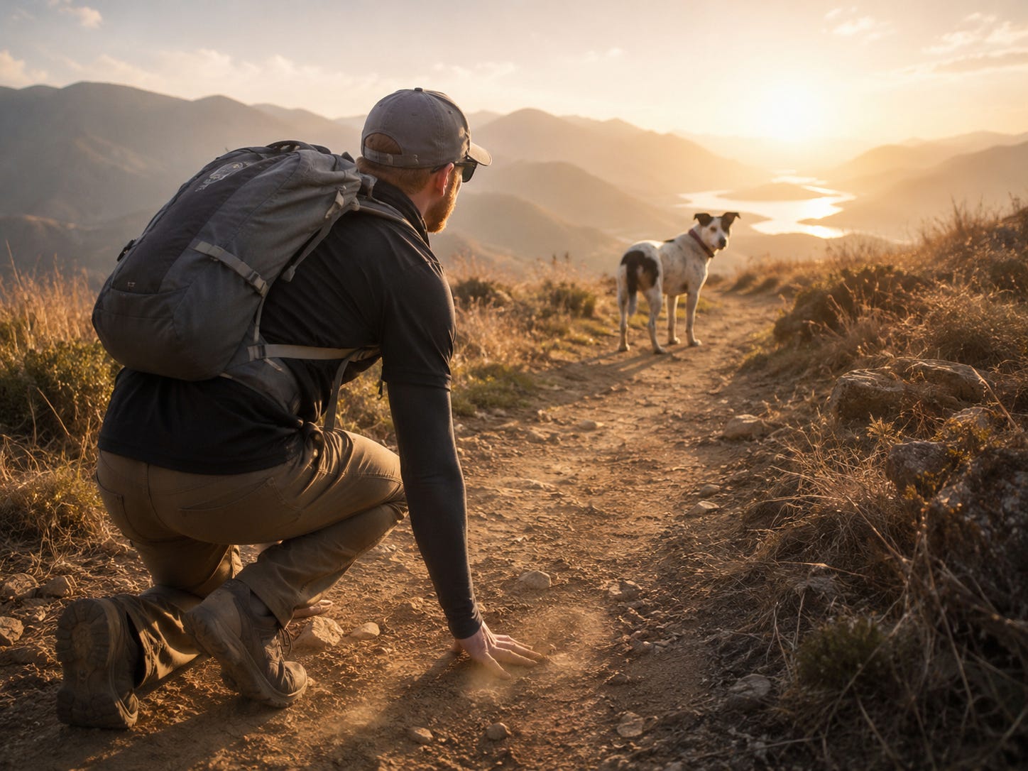 Man rising on a mountain trail with his dog walking toward the light. Man rising on a mountain trail with his dog walking toward the light.