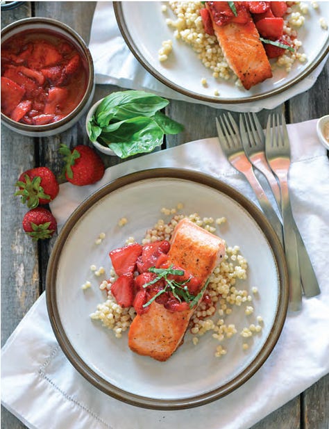 L to R: cover of For the Love of Seafood with pan cooked fish and a red pepper and papaya salsa, Grilled Salmon with Blueberry Ginger Butter and pan cooked Salmon with Savory Strawberry Sauce 