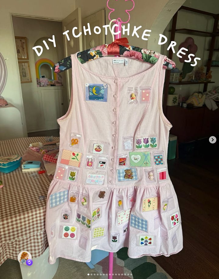 First photo: a pink dress with clear plastic pockets holding trinkets all over it.  Second photo: a quilted tote and key chain that look like a cottage and house.
