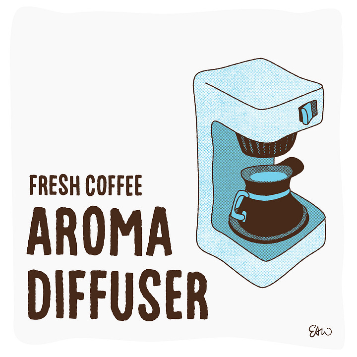 Spot illustration showing ketchup flavoured dippping sauce, a fresh coffee aroma diffuser, sprinkles made with salt & pepper, and a hand mixer.