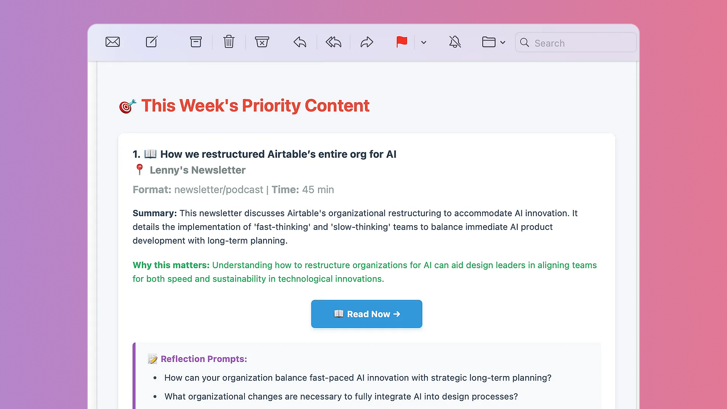 Email newsletter titled "This Week’s Priority Content," featuring an article from Lenny’s Newsletter on how Airtable restructured its org for AI, with a summary, "Read Now" button, and reflection prompts.
