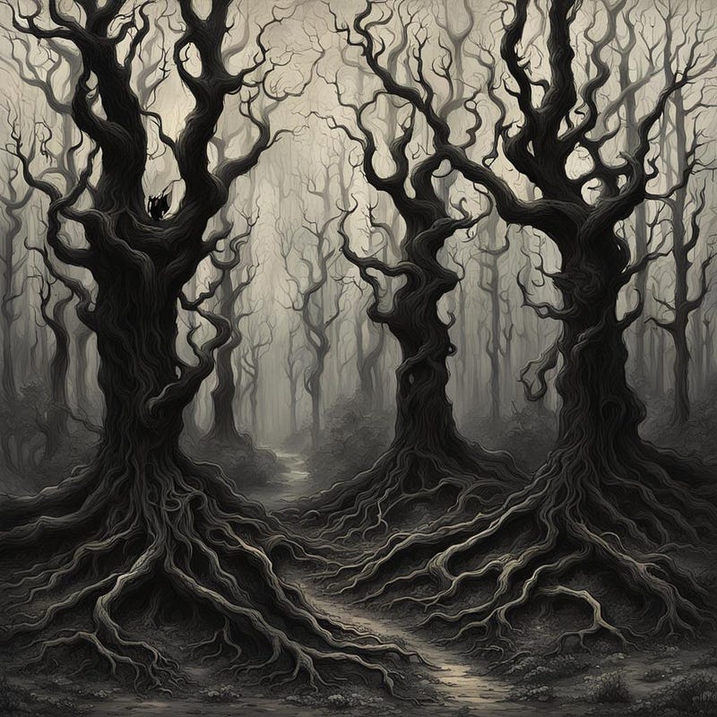 Bare trees in misty woodland Bare trees in misty woodland