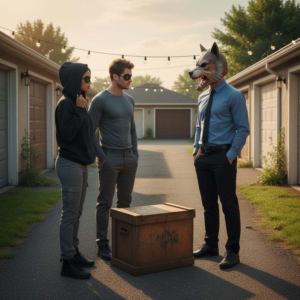 Woman in black hoodie grey cargo pants with small domino mask, man in grey long sleeve grey pants with small domino mask, standing in pleasant suburban back alley, green yards, garages, gravel lane, talking to man in black pants blue dress shirt and tie wearing snarling wolf mask, photorealistic, warm lighting Woman in black hoodie grey cargo pants with small domino mask, man in grey long sleeve grey pants with small domino mask, standing in pleasant suburban back alley, green yards, garages, gravel lane, talking to man in black pants blue dress shirt and tie wearing snarling wolf mask, photorealistic, warm lighting