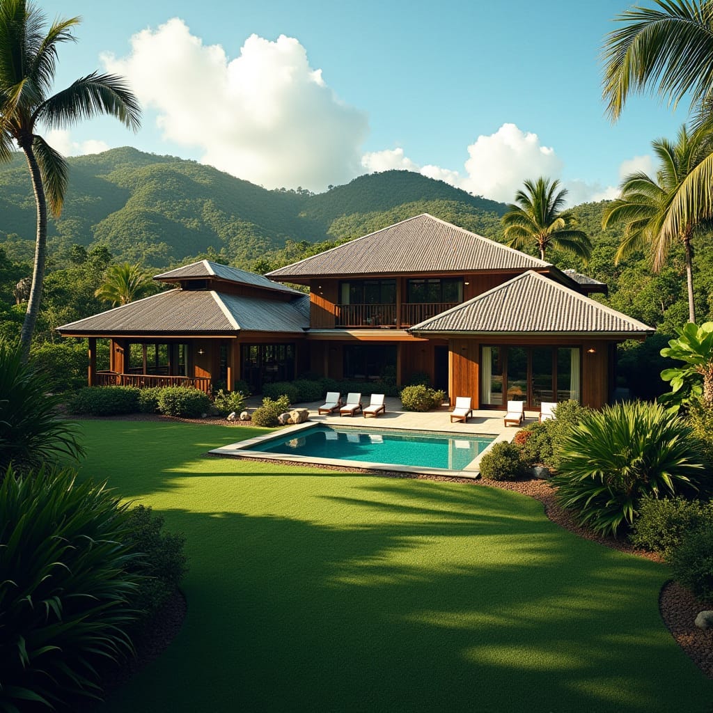 A sprawling modern Jamaican property with a dramatic Sawtooth Roof, set against a vibrant tropical landscape